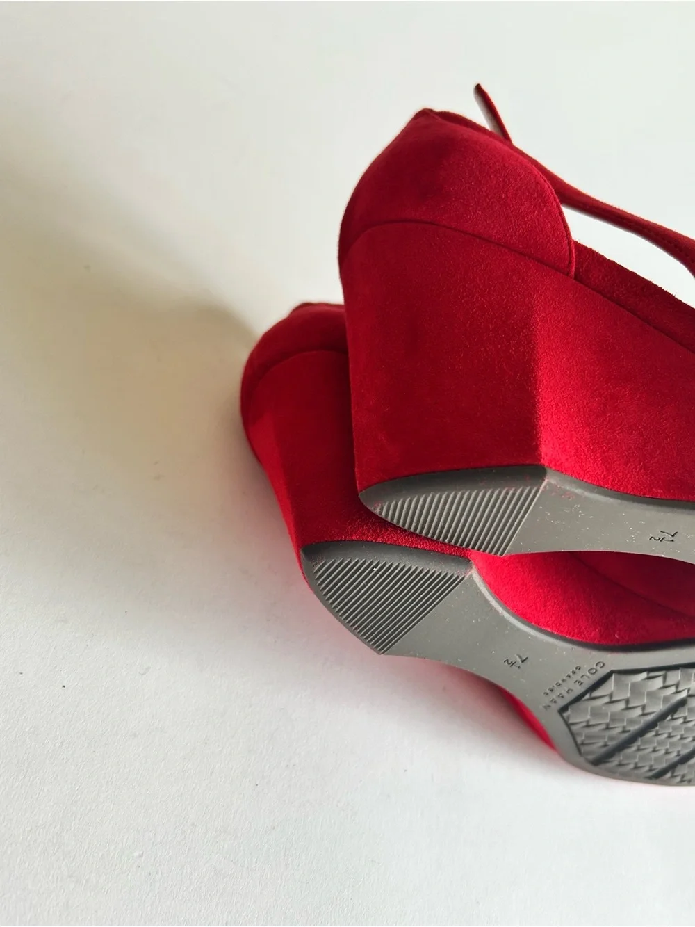 New Cole Haan Red Suede Leather Almond Toe Ankle Strap Wedge Heels size 7.5